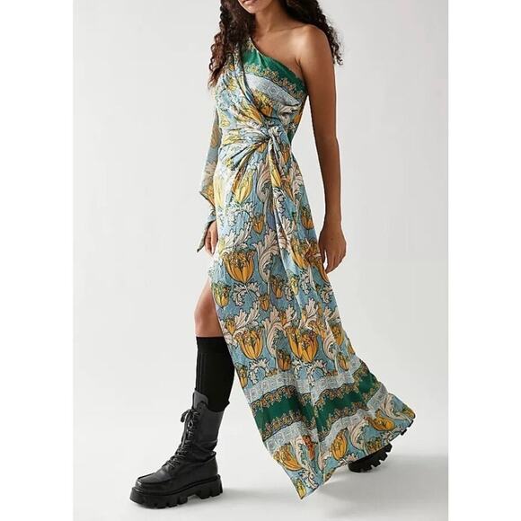 Free People New Pardon My French Dress Maxi One Shoulder Tropical Print Large - Picture 1 of 13